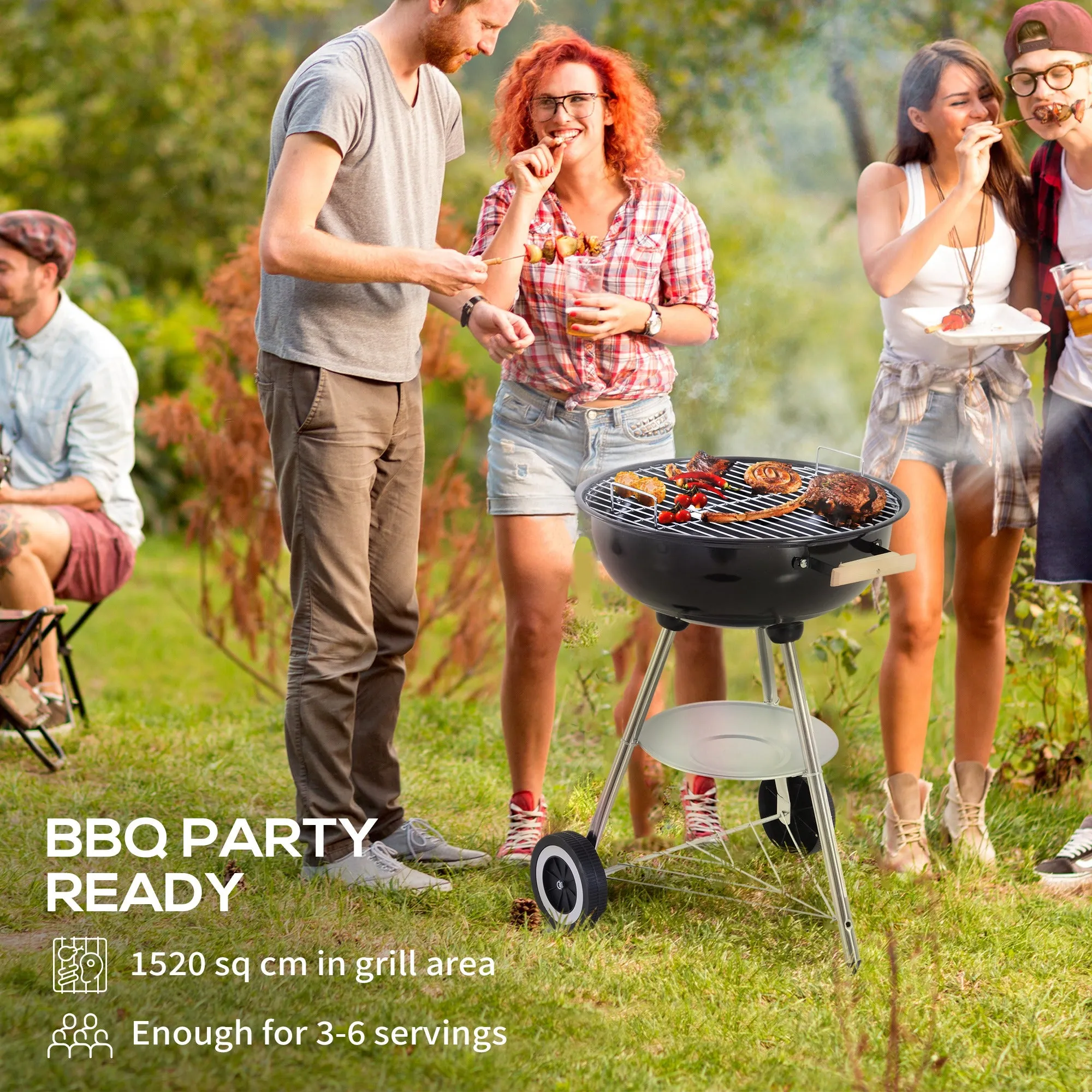 Portable Charcoal BBQ Grill, Steel Barbecue Grill with Lid and Air Vents, Outdoor Camp Picnic Cooker with Wheels and Storage Shelf, Black