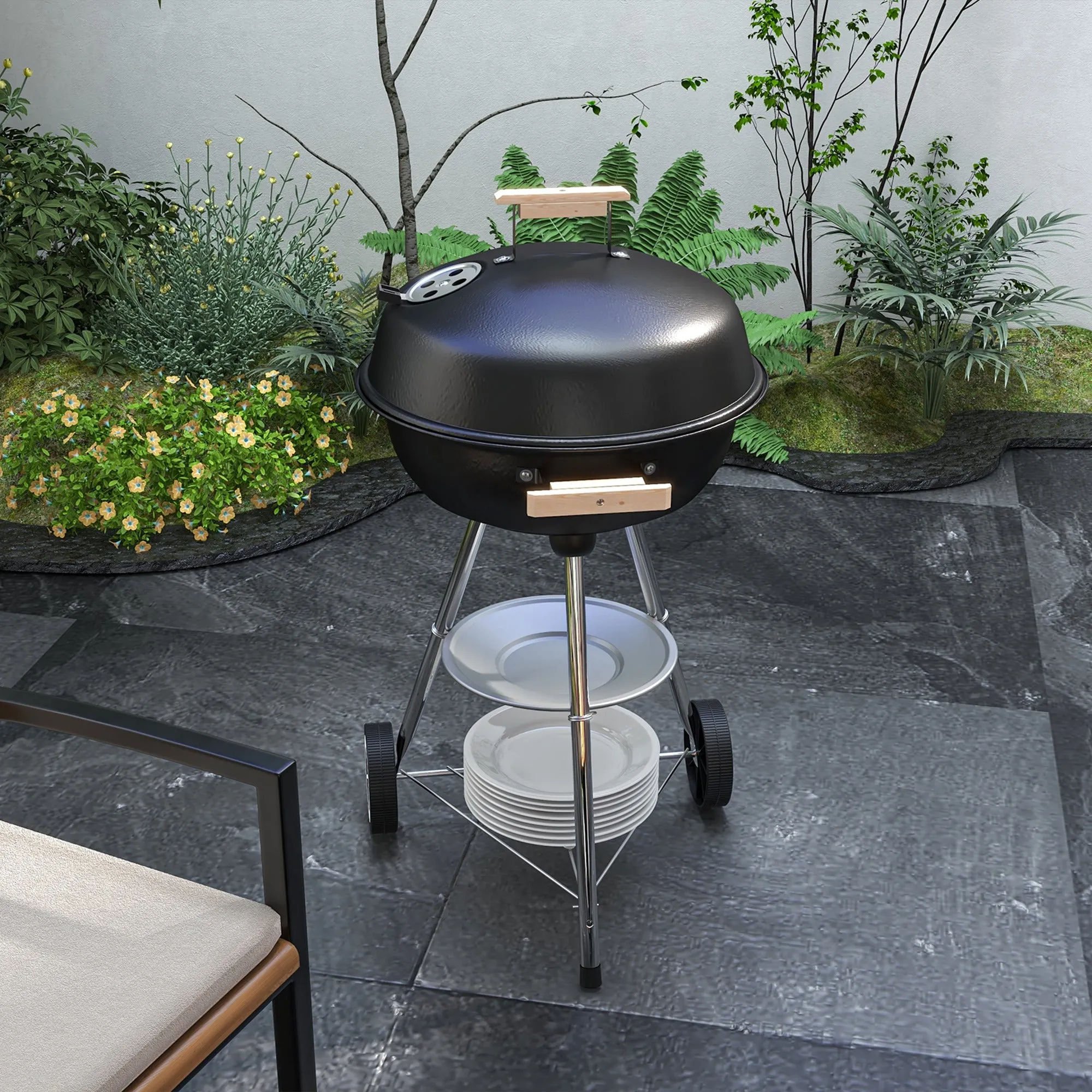 Portable Charcoal BBQ Grill, Steel Barbecue Grill with Lid and Air Vents, Outdoor Camp Picnic Cooker with Wheels and Storage Shelf, Black