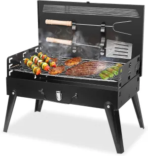 Portable Charcoal Grill Kit - 17.3" Folding BBQ Grill, Adjustable Heights,5 Skewers, 1 Spatula, 1 Fork, Mini Tabletop Grill, Small Grill Outdoor for Camping, Grilling Backyard, RV, Tailgating, Picnic