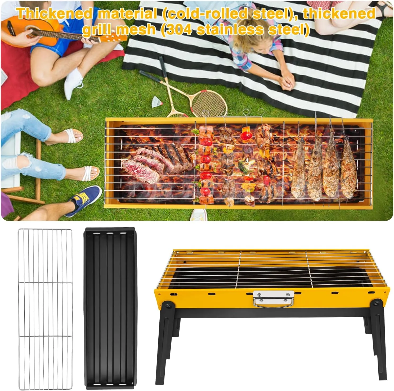 Portable Charcoal Grill, Portable Tabletop BBQ for Outdoor Cooking | Compact Folding Grill for Camping, Hiking, Picnics & Travel | 24”x13”x9” Lightweight Smoky Flavor Grill