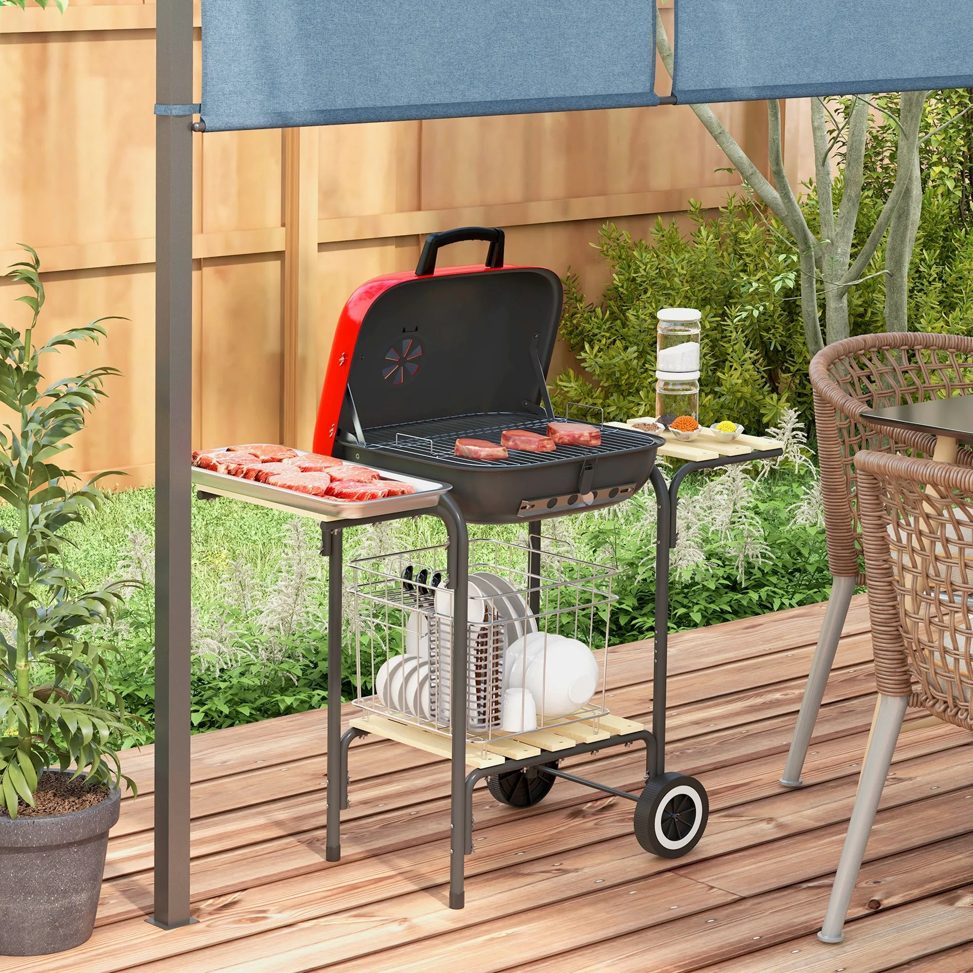 Portable Charcoal Grill with Wheels, 2 Side Tables & Adjustable Vents, Red