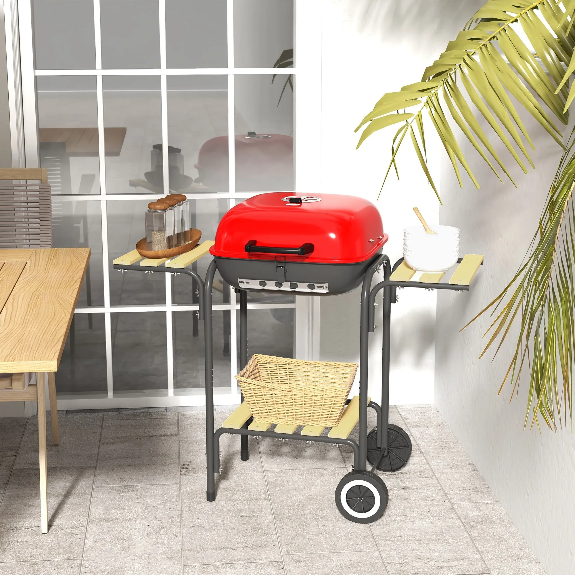 Portable Charcoal Grill with Wheels, 2 Side Tables & Adjustable Vents, Red