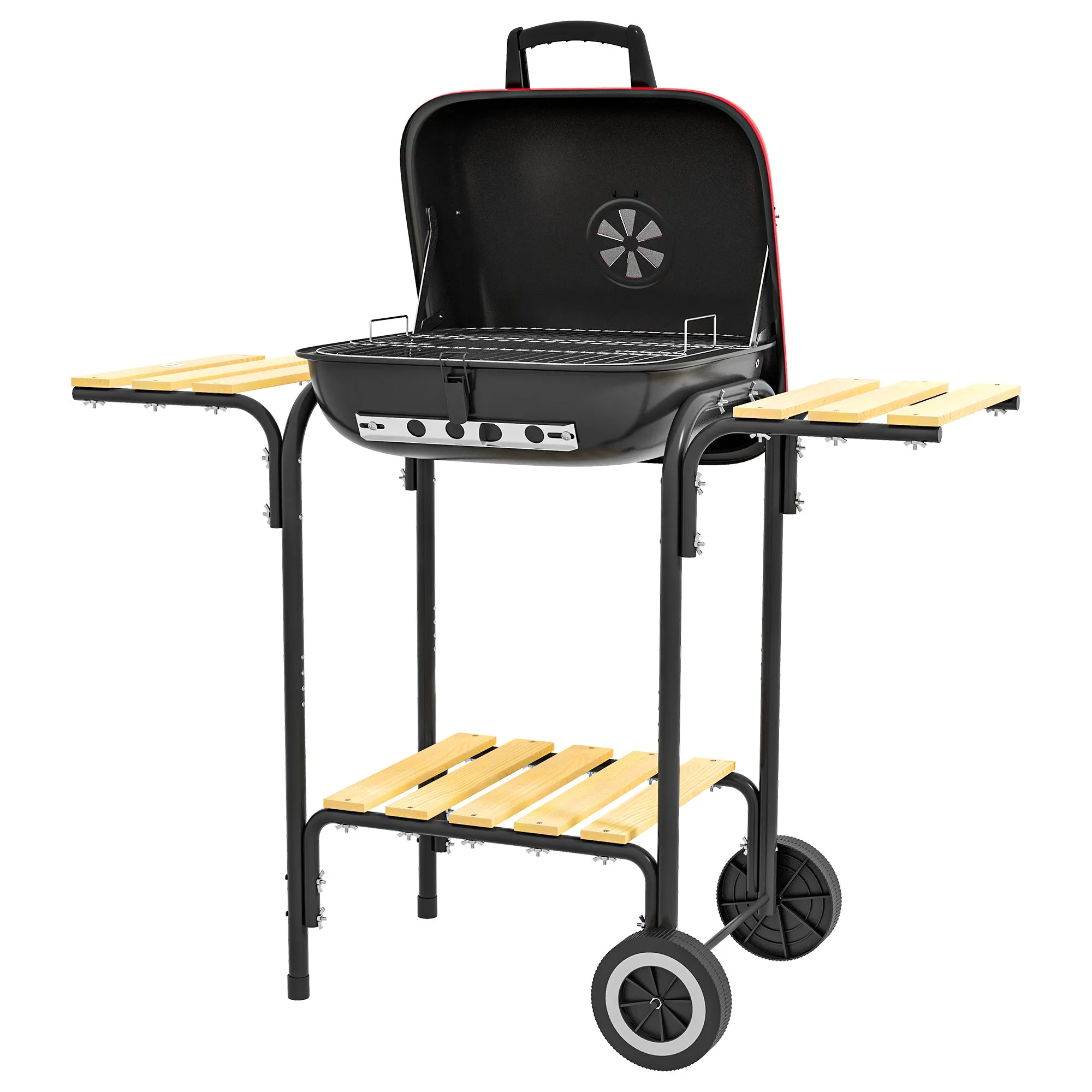 Portable Charcoal Grill with Wheels, 2 Side Tables & Adjustable Vents, Red