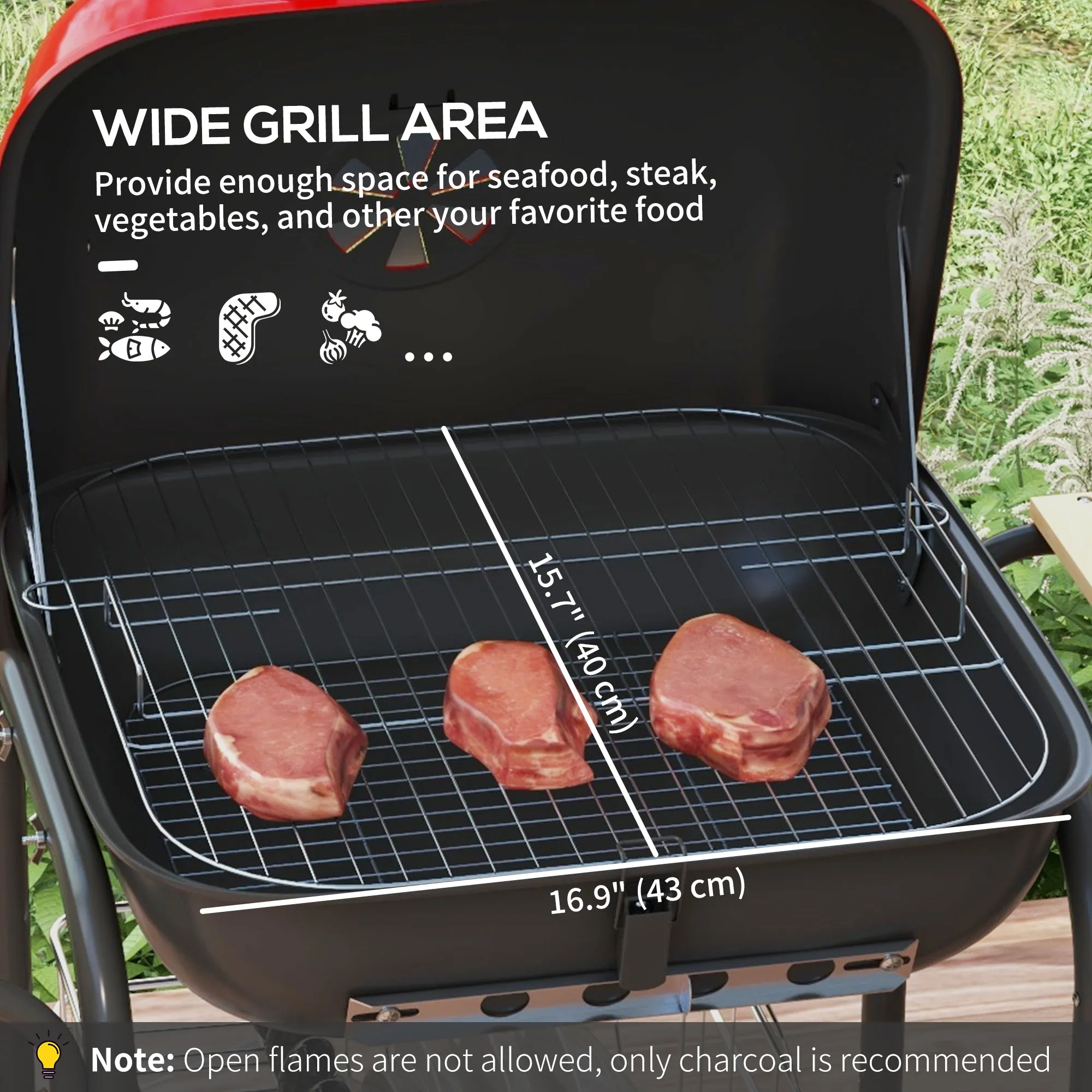 Portable Charcoal Grill with Wheels, 2 Side Tables & Adjustable Vents, Red