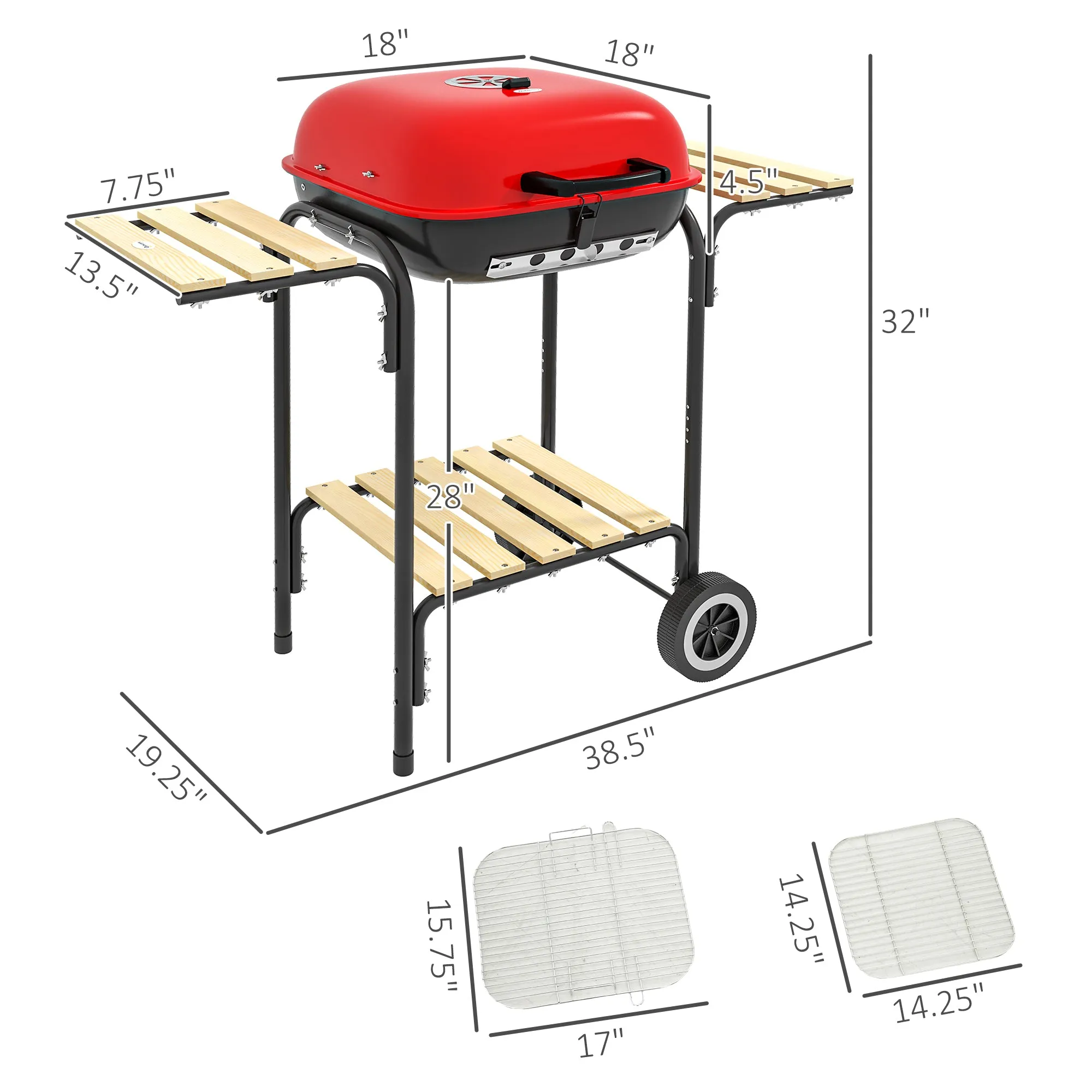 Portable Charcoal Grill with Wheels, 2 Side Tables & Adjustable Vents, Red