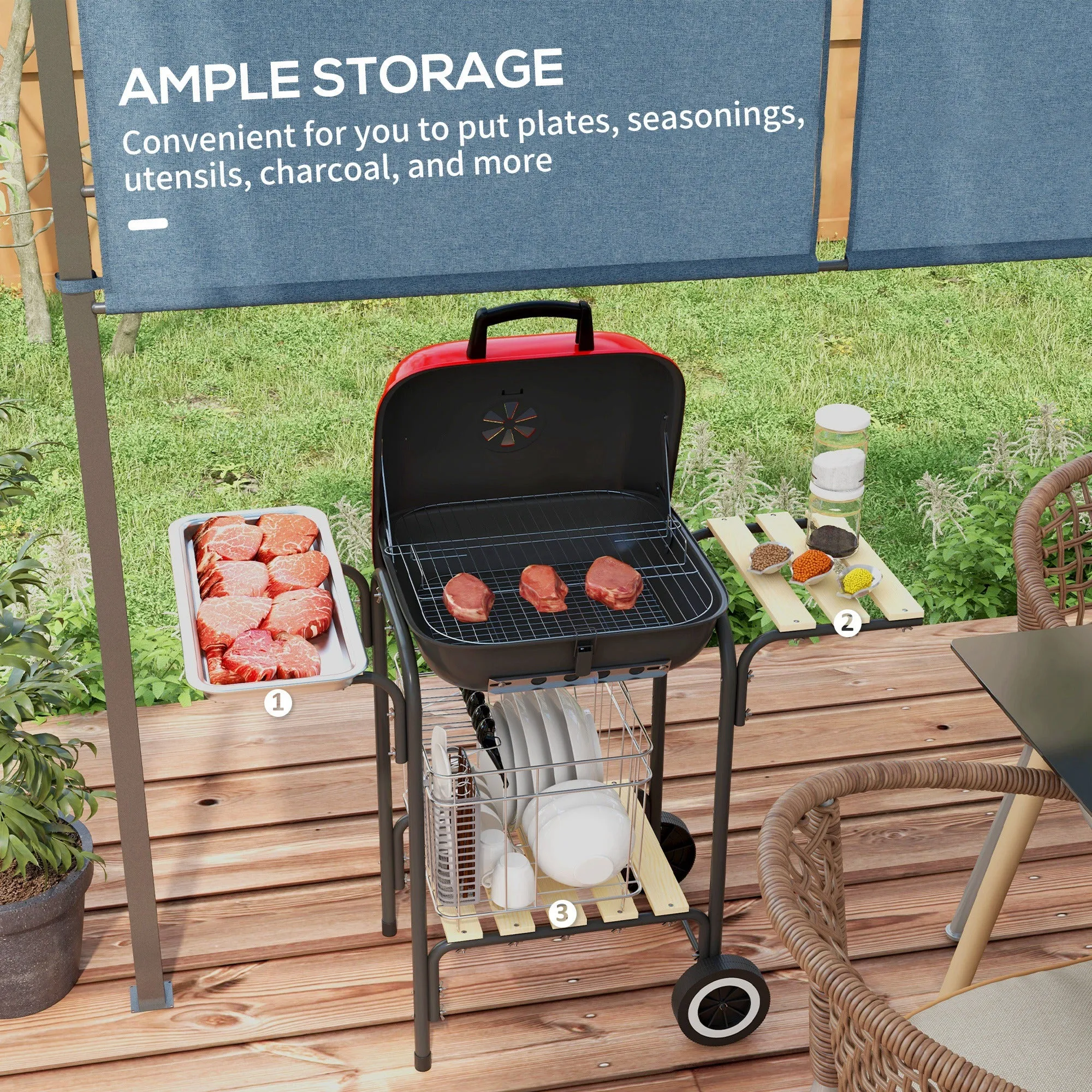 Portable Charcoal Grill with Wheels, 2 Side Tables & Adjustable Vents, Red