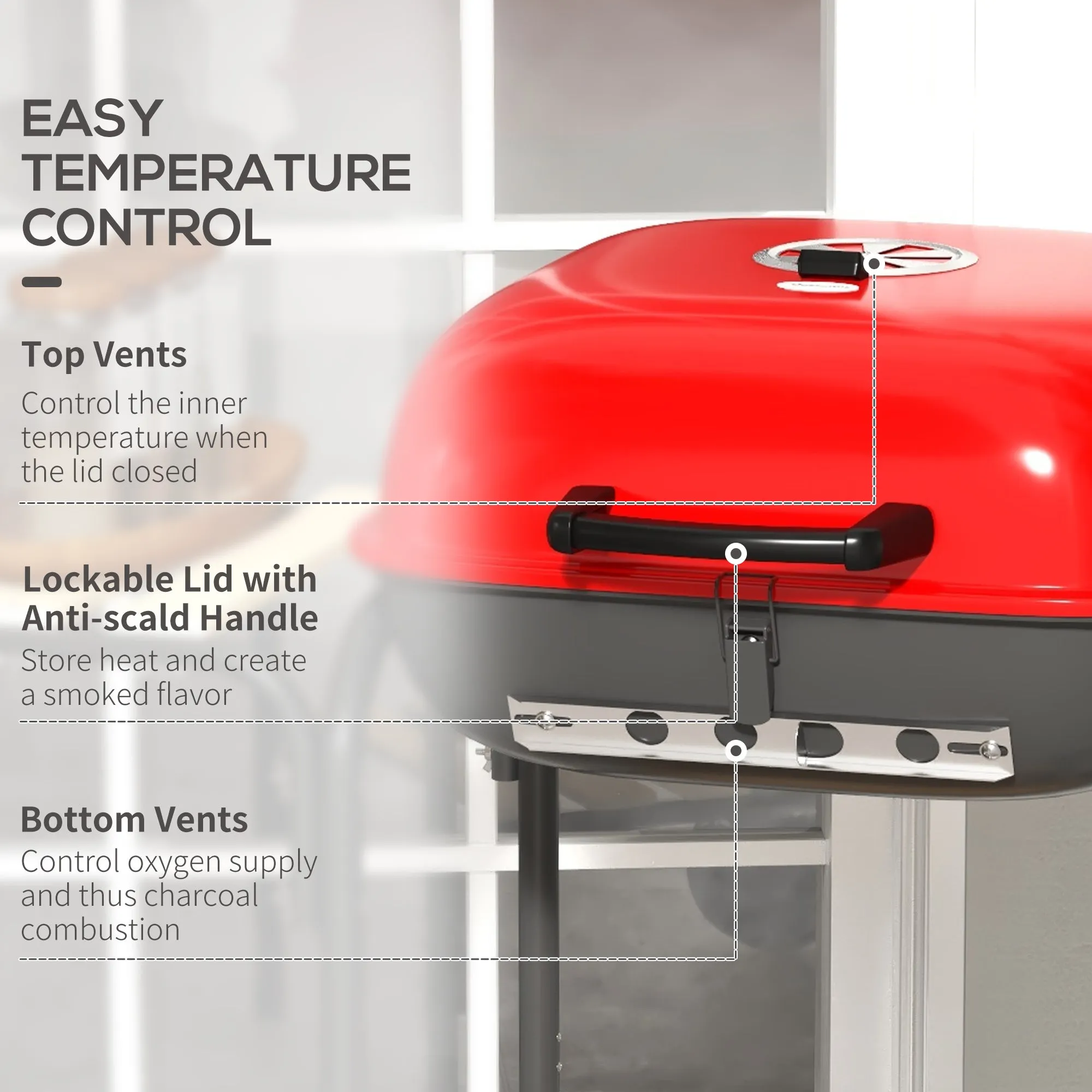 Portable Charcoal Grill with Wheels, 2 Side Tables & Adjustable Vents, Red