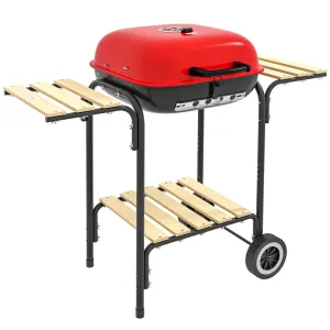 Portable Charcoal Grill with Wheels, 2 Side Tables & Adjustable Vents, Red