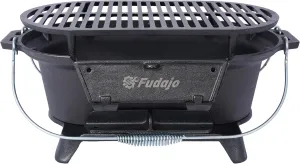 Portable Enameled Cast Iron Grill with Carrying Handles, Compact Charcoal Grill for Outdoor Cooking, Black