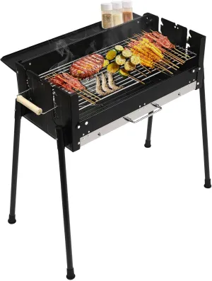 Portable Foldable Outdoor Barbecue Grill, Cooking Camping Hiking Picnic Grilling Tools, Adjustable Metal Charcoal Grill with Seasoning Plate for Barbecue, Picnic, Deck, Patio, Park, Beach, Black