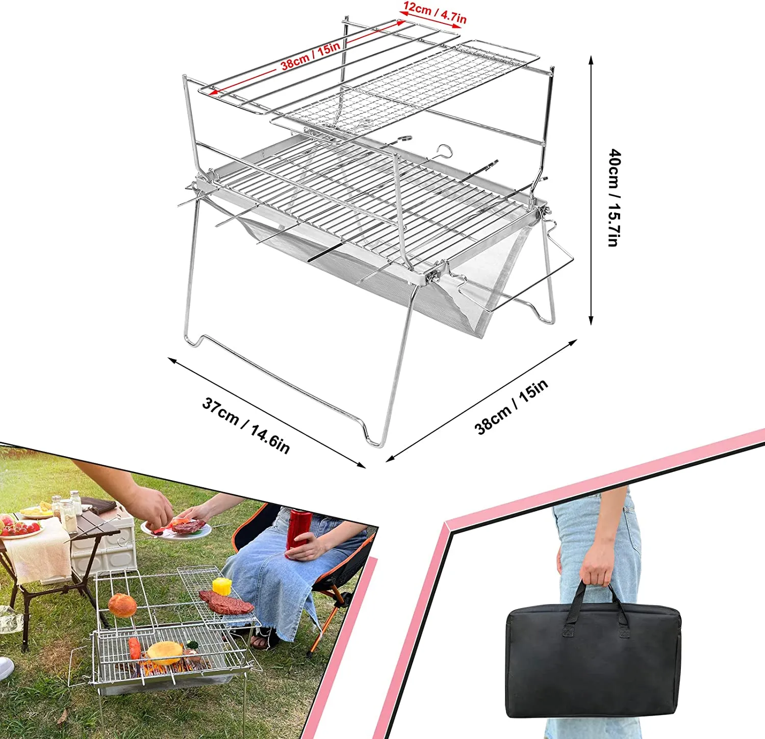 Portable Folding BBQ Charcoal Grill Stainless Steel for Picnic, Camping and Backyard Barbecue