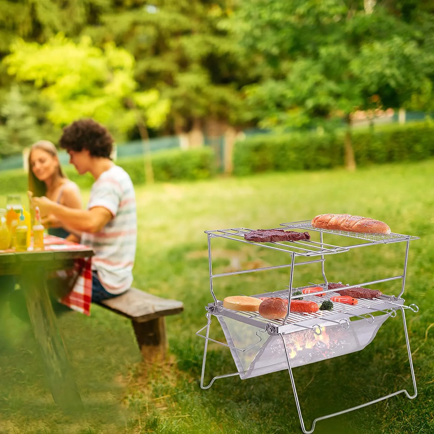 Portable Folding BBQ Charcoal Grill Stainless Steel for Picnic, Camping and Backyard Barbecue