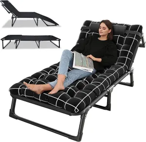 Portable Folding Camping Cot, Adjustable 4-Position Adults Reclining Folding Chaise with Pillow, Outdoor Portable Folding Lounge Chair Sleeping Cots Bed for Camping, Pool, Beach, Patio 75cm