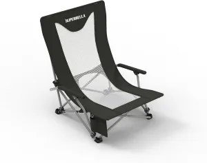 Portable Low Beach Chair for Adults with Cup Holder Hard Arm Folding Lawn Chairs for Outdoor Activities, Black, Support 400 lbs