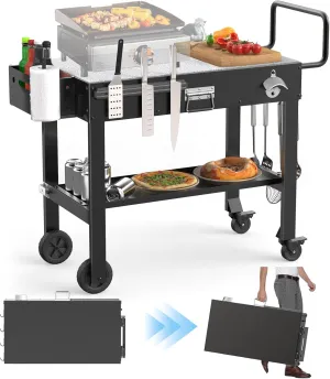 Portable Outdoor Grill Table, Folding Grill Cart for Blackstone Griddle, Movable BBQ Prep Table With Wheels, Foldable Pizza Oven Stand for Ninja Woodfire/Blackstone Griddle17"/22"/Ooni Pizza Oven