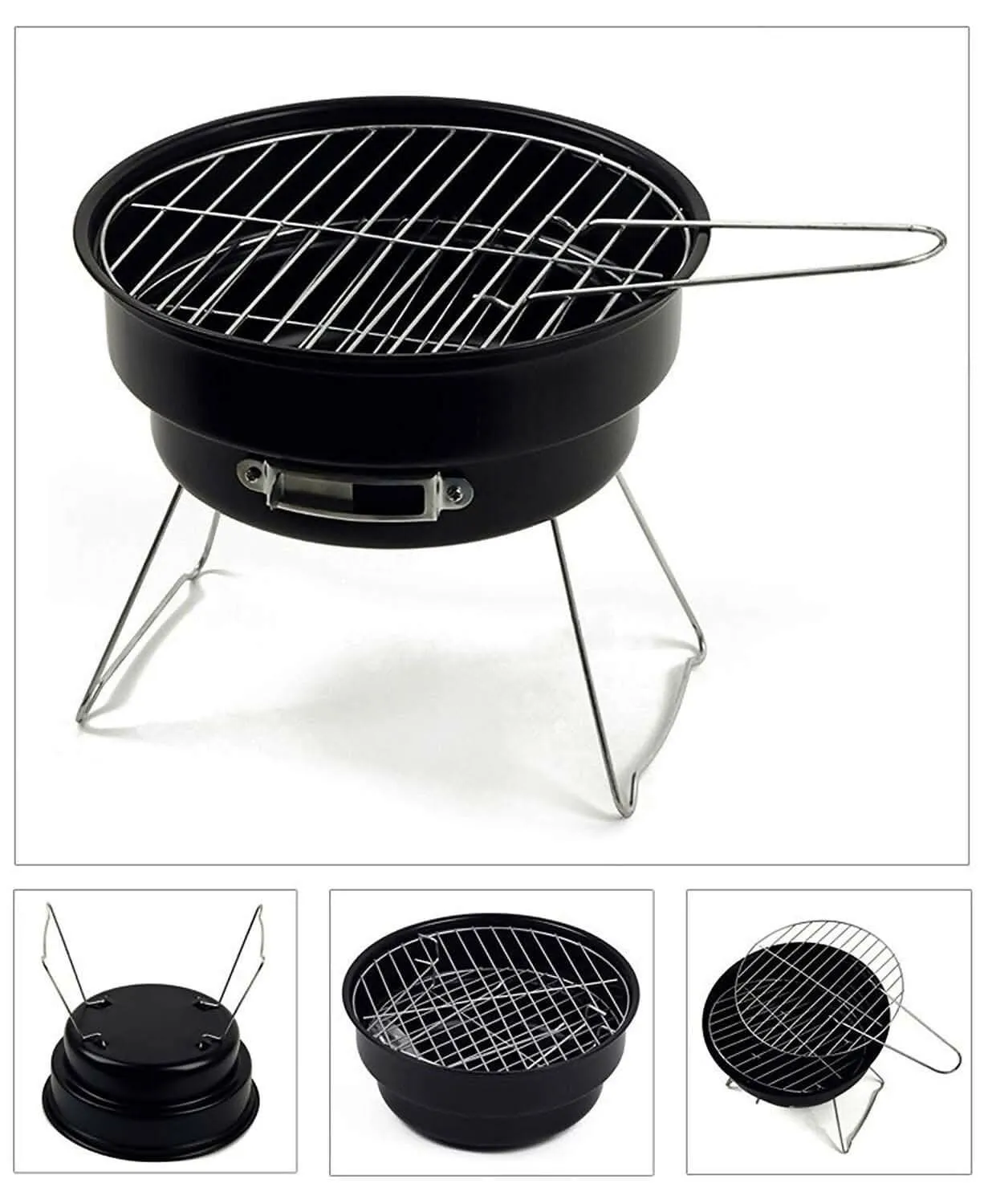 Portable Round Charcoal Grill Outdoor Tabletop Stainless Steel BBQ Folding Pot Grill Kitchen Cooking Tools