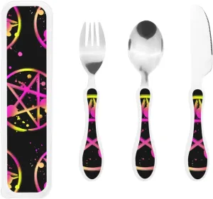 Portable Stainless Steel Occult Pentagram Wiccan Pentacle Knife And Fork 3-Piece Set, Outdoor Camping Party