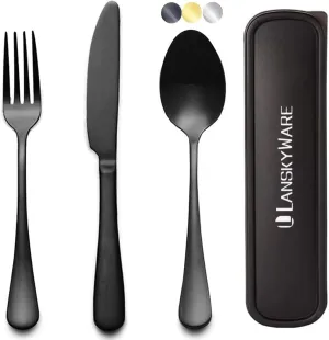 Portable Travel Utensils Set, 18/8 Stainless Steel 3 PCS Cutlery Set Including Knife Fork and Spoon, Reusable Travel Silverware Set with Case for Lunch Box Camping School Office