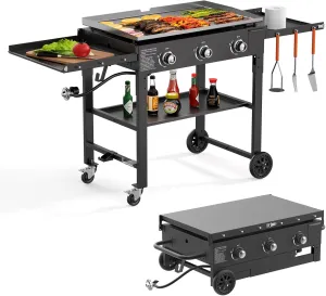 Propane Outdoor -45000 Top Fuelled, Portabl BTU Expedited shipping Griddle Gas Propane Grill-31.5 Top Inch Burners Griddle, Griddle Table Shelves with Station Side Foldable Recommended 3 Flat Gas SKOK