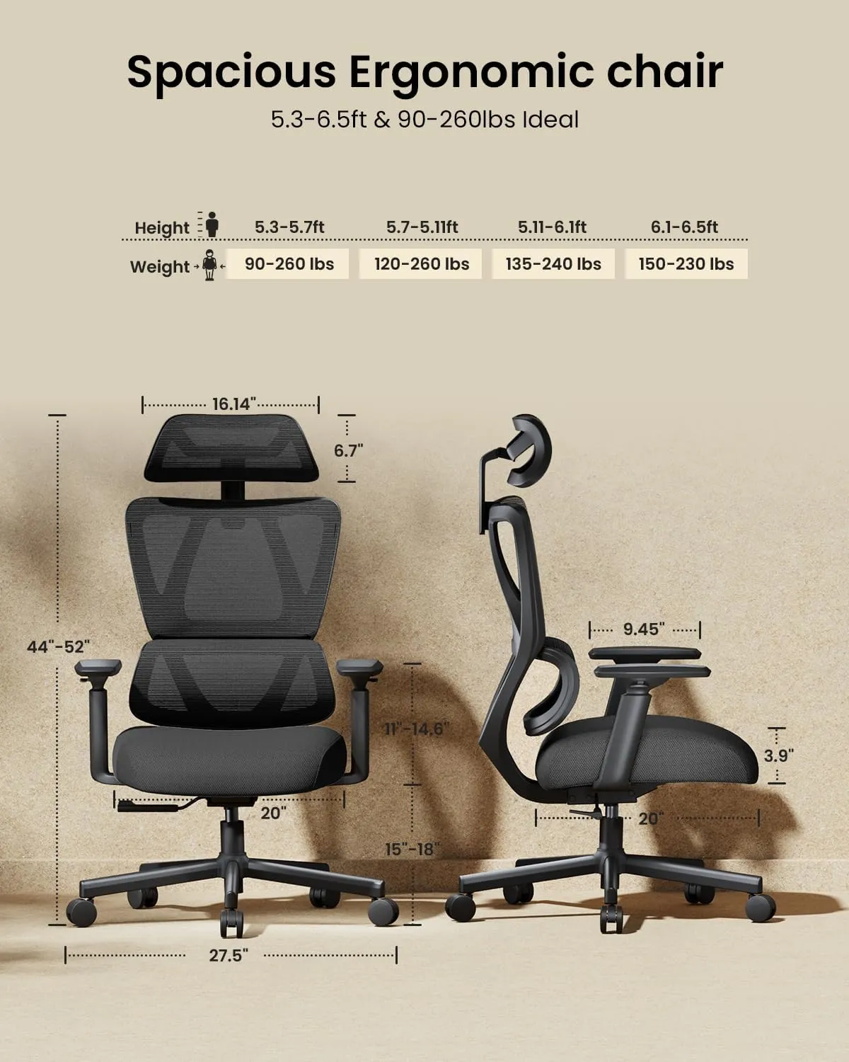ProtoArc Ergonomic Office Chair for Home Office, High Back Desk Chair with Thick Spring Cushion, Adjustable Headrest, Armrests, Big and Tall Mesh Computer Chairs for Long Hours Sitting, EC100 - Black