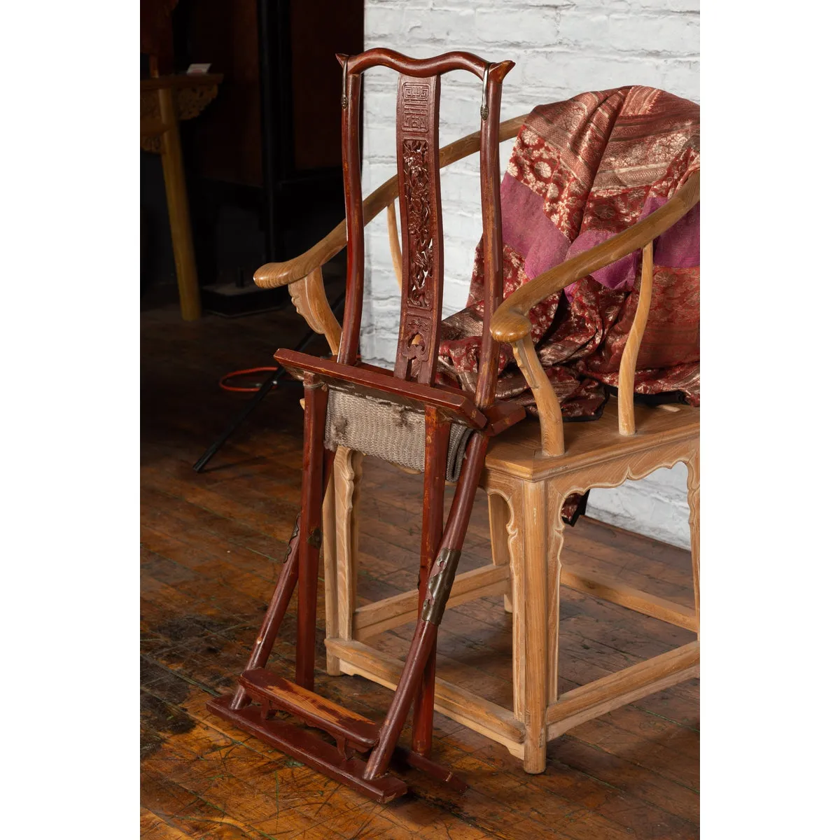 Qing Dynasty Red Lacquered Traveler's Folding Chair with Woven Seat