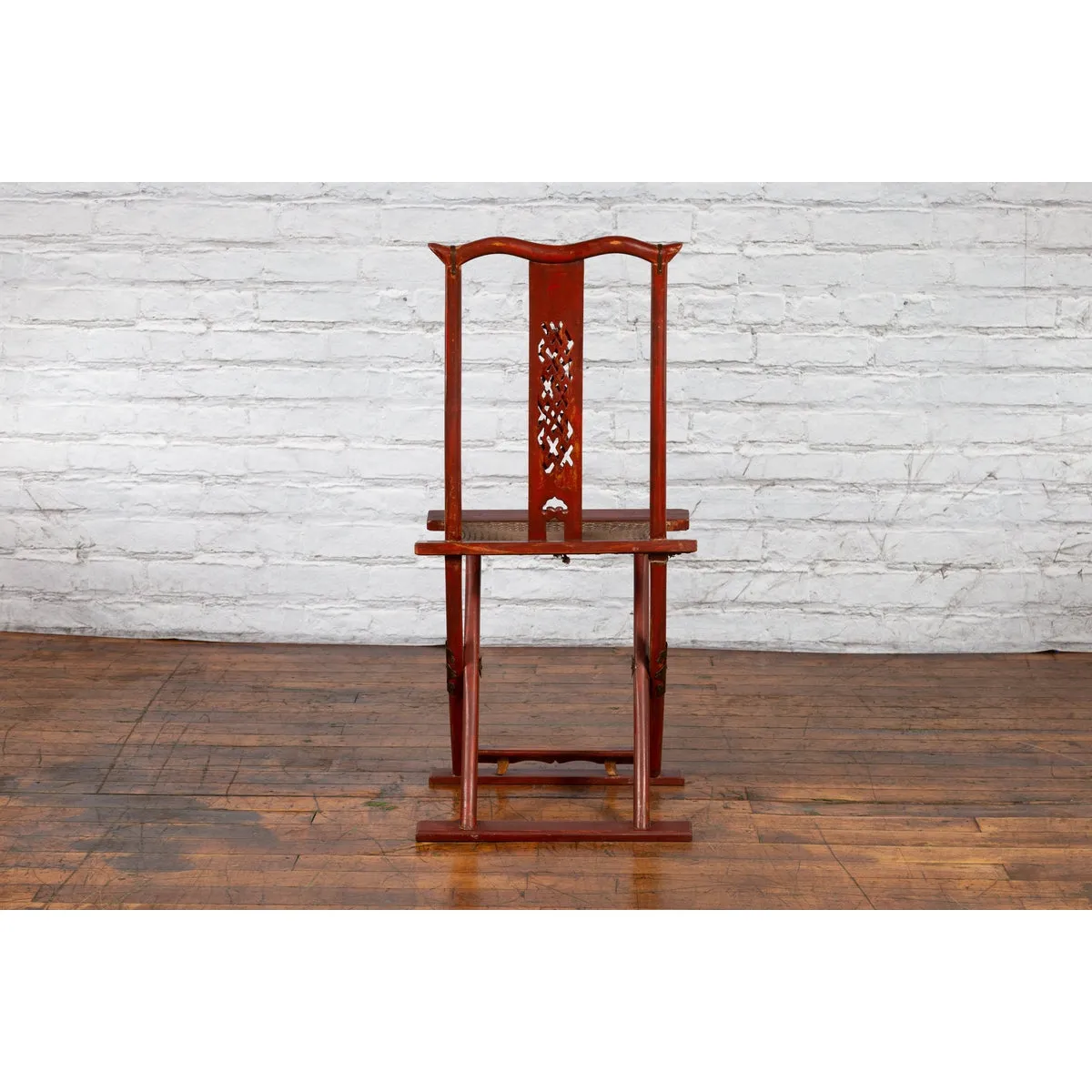 Qing Dynasty Red Lacquered Traveler's Folding Chair with Woven Seat