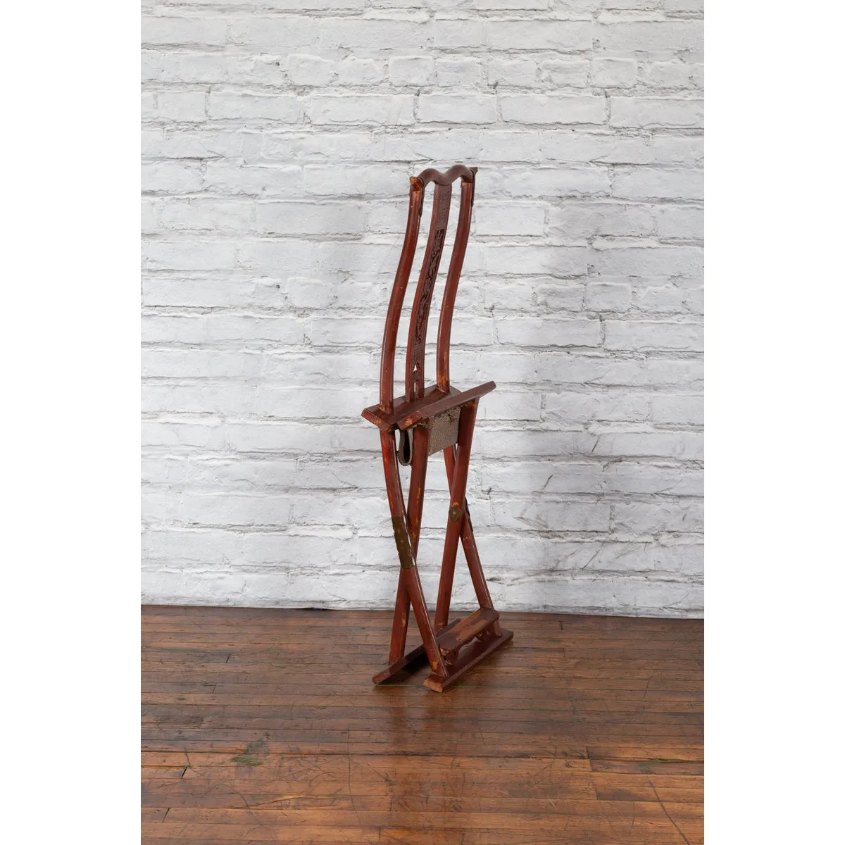 Qing Dynasty Red Lacquered Traveler's Folding Chair with Woven Seat
