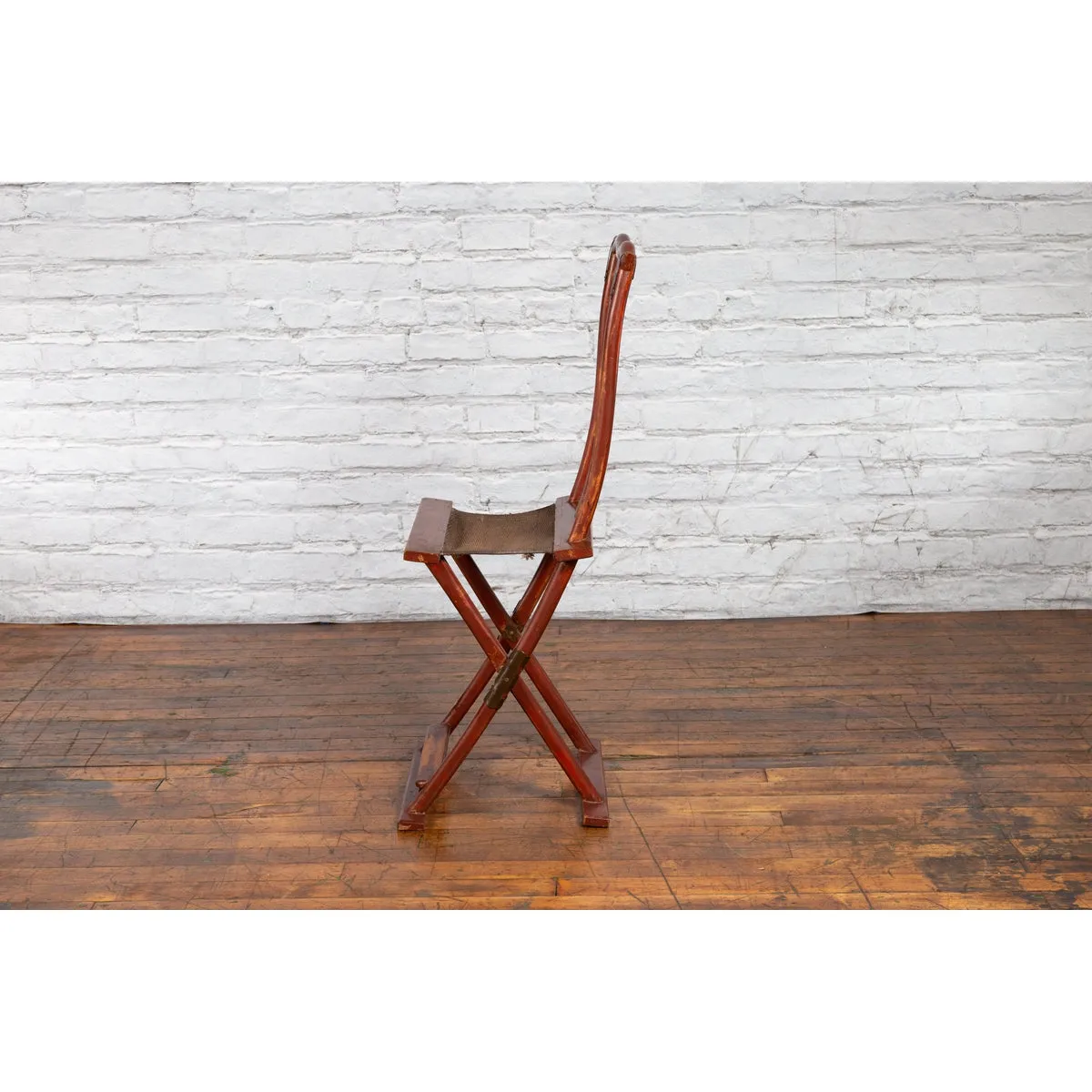 Qing Dynasty Red Lacquered Traveler's Folding Chair with Woven Seat