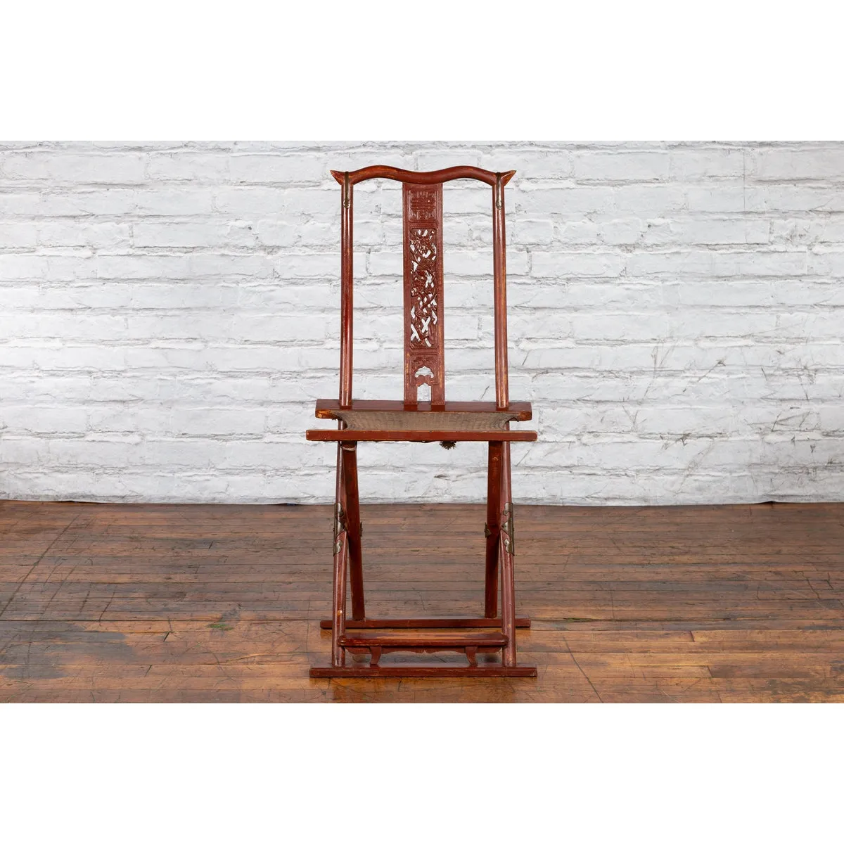 Qing Dynasty Red Lacquered Traveler's Folding Chair with Woven Seat