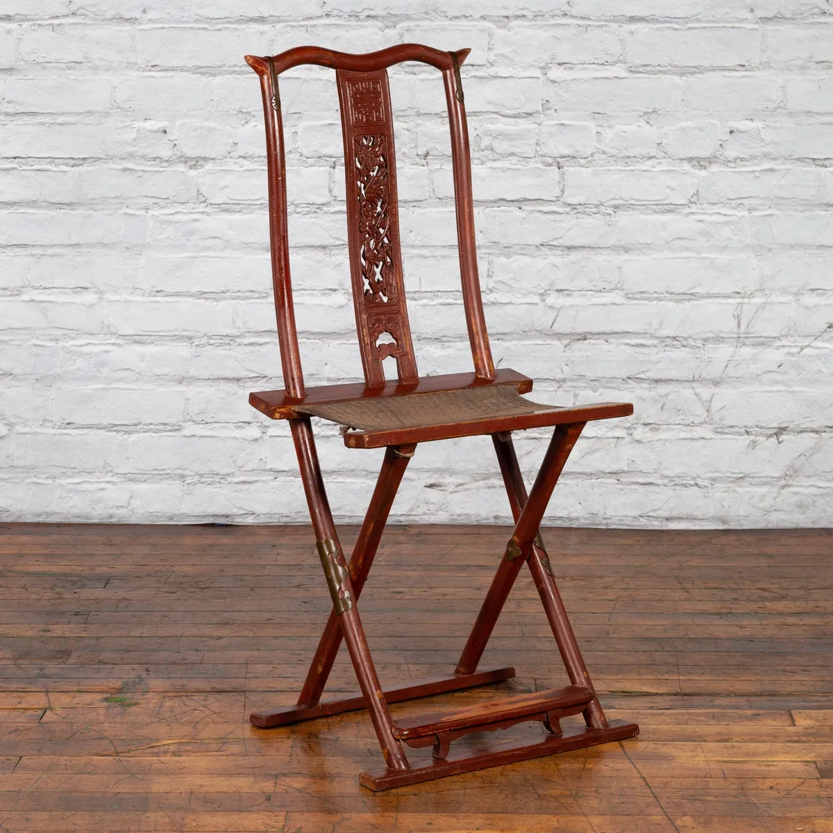 Qing Dynasty Red Lacquered Traveler's Folding Chair with Woven Seat