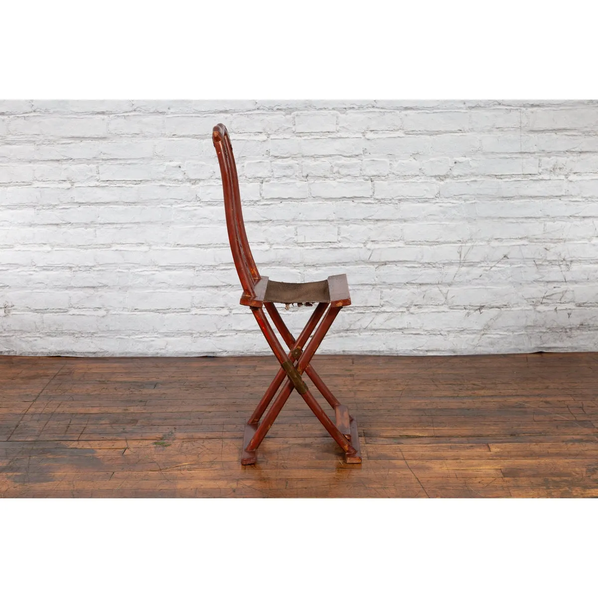 Qing Dynasty Red Lacquered Traveler's Folding Chair with Woven Seat