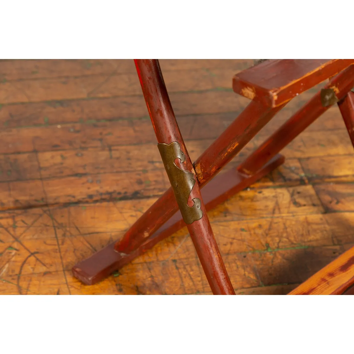 Qing Dynasty Red Lacquered Traveler's Folding Chair with Woven Seat