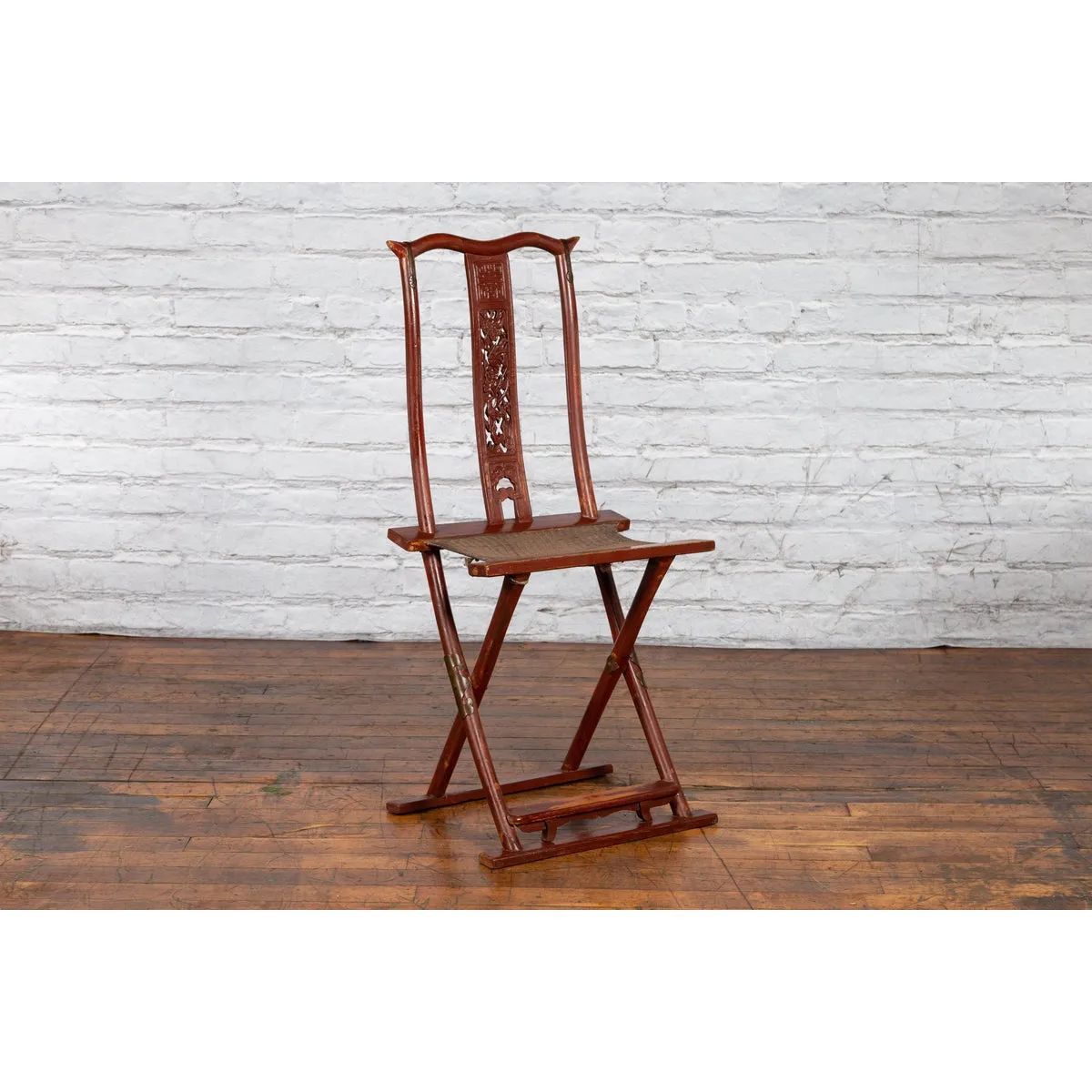 Qing Dynasty Red Lacquered Traveler's Folding Chair with Woven Seat