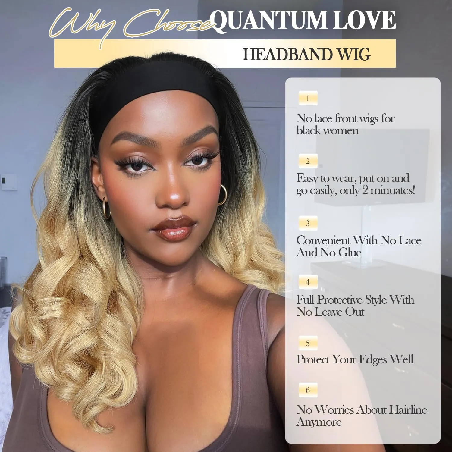 Quantum Love Yaki Curly Headband Wigs for Black Women Kinky Straight Ombre Blonde Headband Curly Ends Synthetic Wear and Go Glueless half Wig with Headbands Attached
