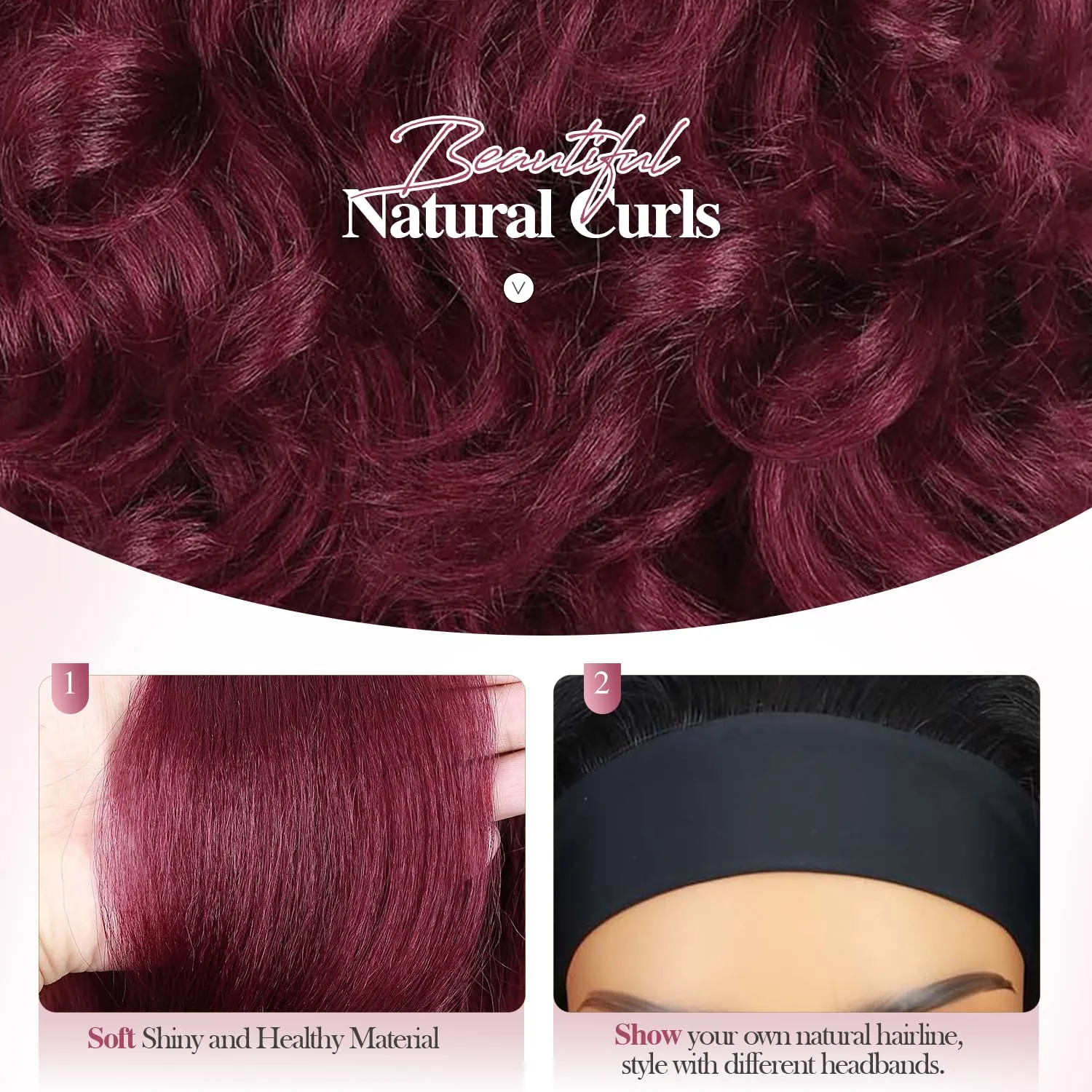 Quantum Love Yaki Curly Headband Wigs for Black Women Kinky Straight Ombre Red Headband Curly Ends Synthetic Wear and Go Glueless half Wig with Headbands Attached