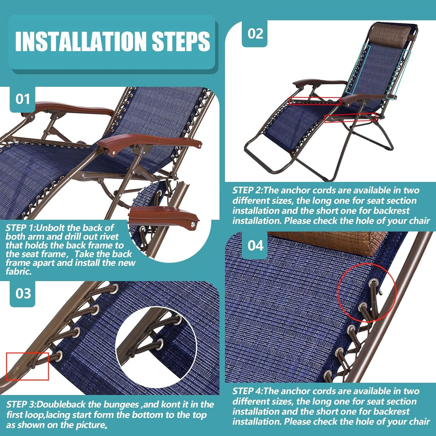 Queekay Chair Replacement Fabric with 4 Bungee Cord Lounge Chair Cloth Mesh Repair Kit for Patio Recliner Outdoor Lawn Pool(63 x 17 Inch,Blue)