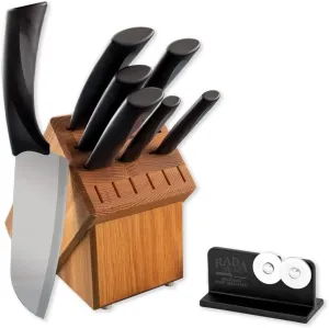 Rada Cutlery Anthem Oak Block Set with Quick Edge Sharpener, Made in USA, Black Handles