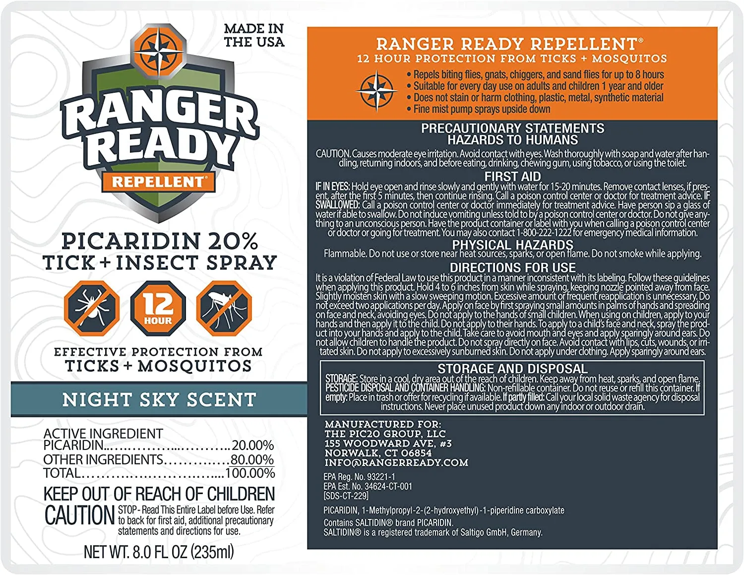 Ranger Ready Picaridin Insect Repellent & Tick Spray - Night Sky Scent, DEET-Free, 8 oz. (Single Pack)