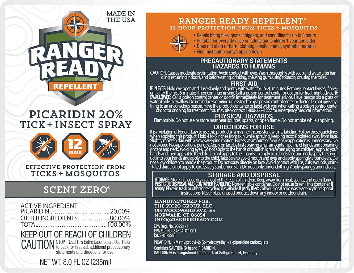 Ranger Ready Repellents Picaridin Insect Repellent Spray with Scent Zero - Mosquito Repellent and Tick Spray (8 oz., Pack of 1)