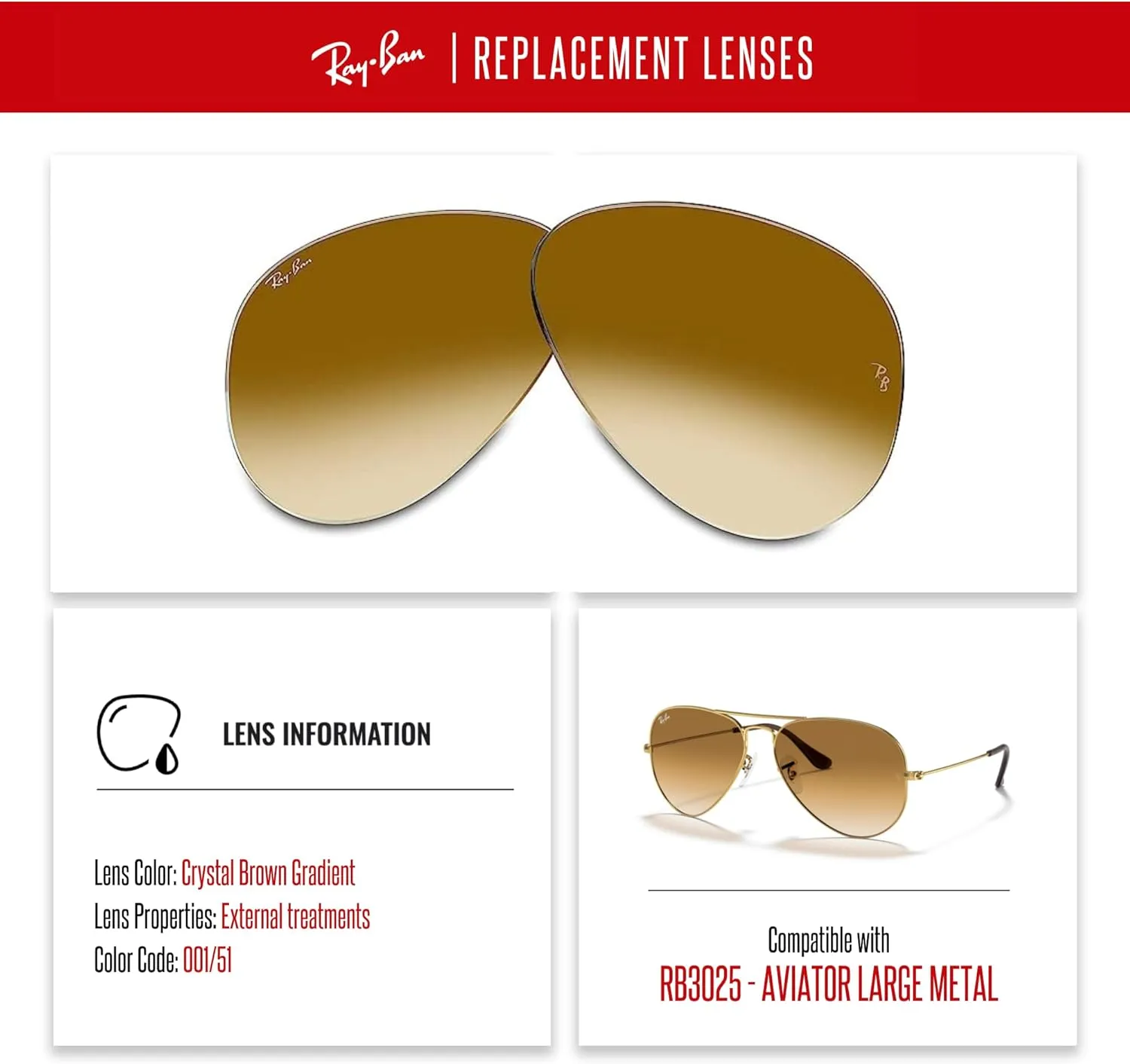 Ray-Ban Original AVIATOR LARGE METAL RB3025 Replacement Lenses   BUNDLE with Designer iWear Care Kit