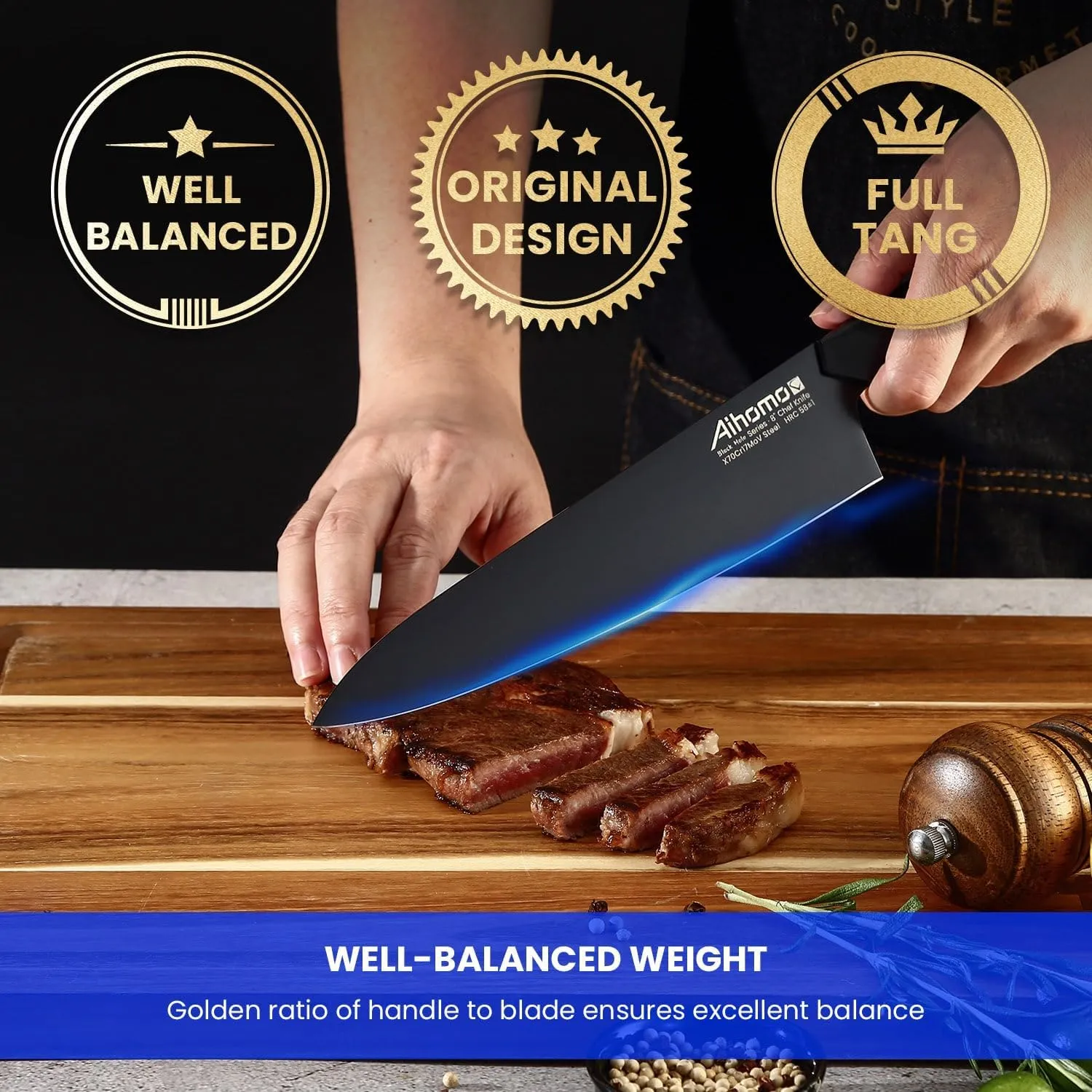 Razor-Sharp Chef Knife Full Tang Blade, 8-Inch Professional Kitchen Knife with Finger Guard & Ergonomic Handle, Multi-Purpose for Chopping, Dicing, Slicing, Mincing