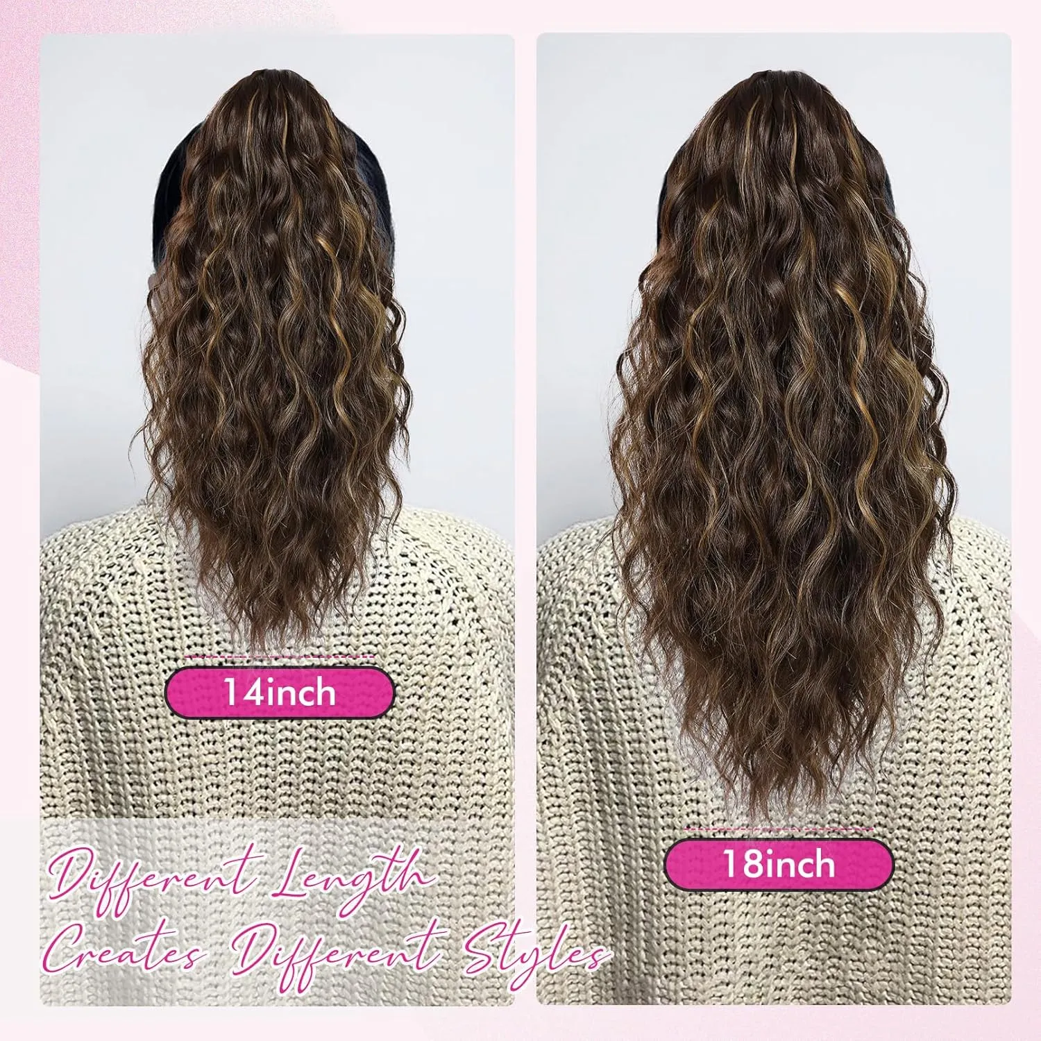REECHO 14" Ponytail Extension, Claw Clip Ponytail Extension Fake Pony Tails Soft Wavy Multi Layered Clip in Hair Extensions Synthetic Hairpiece for Women HP002 - Chocolate Brown with Highlights