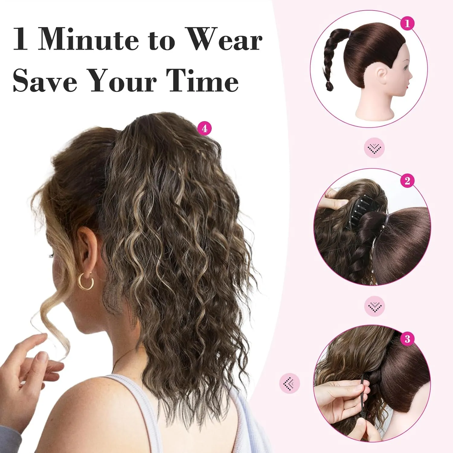 REECHO 14" Ponytail Extension, Claw Clip Ponytail Extension Fake Pony Tails Soft Wavy Multi Layered Clip in Hair Extensions Synthetic Hairpiece for Women HP002 - Chocolate Brown with Highlights