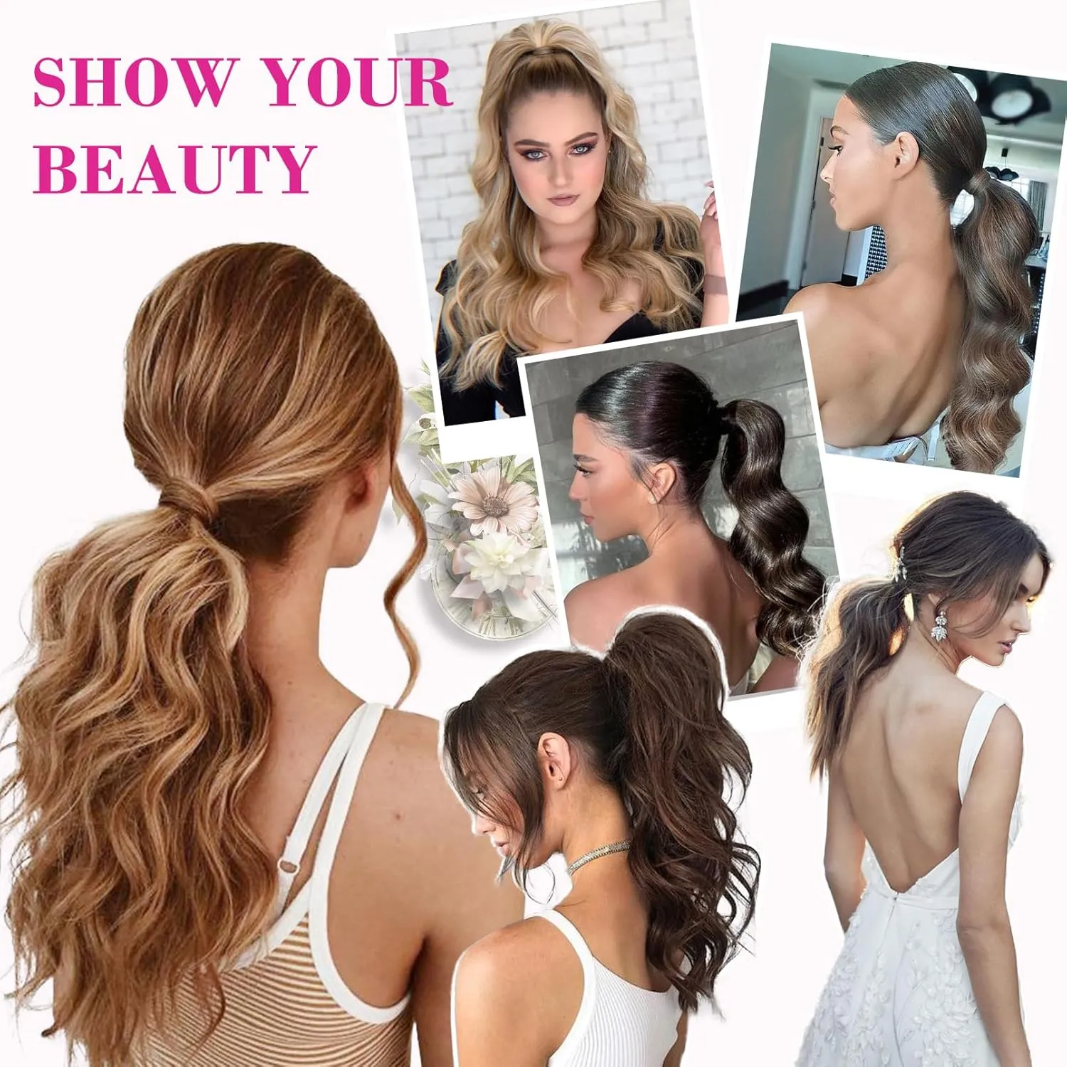 REECHO 14" Ponytail Extension, Claw Clip Ponytail Extension Fake Pony Tails Soft Wavy Multi Layered Clip in Hair Extensions Synthetic Hairpiece for Women HP002 - Chocolate Brown with Highlights