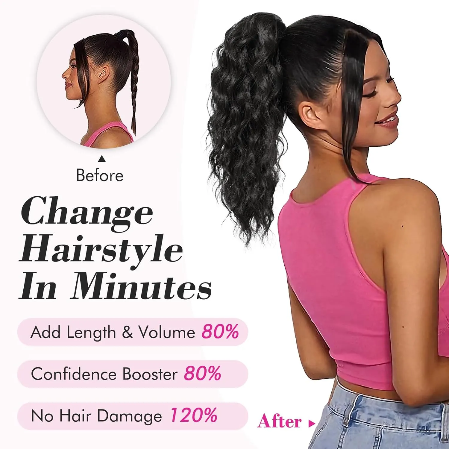 REECHO 14" Ponytail Extension, Claw Clip Ponytail Extension Fake Pony Tails Soft Wavy Multi Layered Clip in Hair Extensions Synthetic Hairpiece for Women HP002 - Chocolate Brown with Highlights