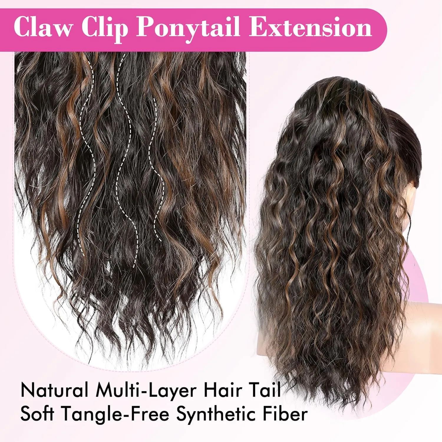 REECHO 14" Ponytail Extension, Claw Clip Ponytail Extension Fake Pony Tails Soft Wavy Multi Layered Clip in Hair Extensions Synthetic Hairpiece for Women HP002 - Chocolate Brown with Highlights