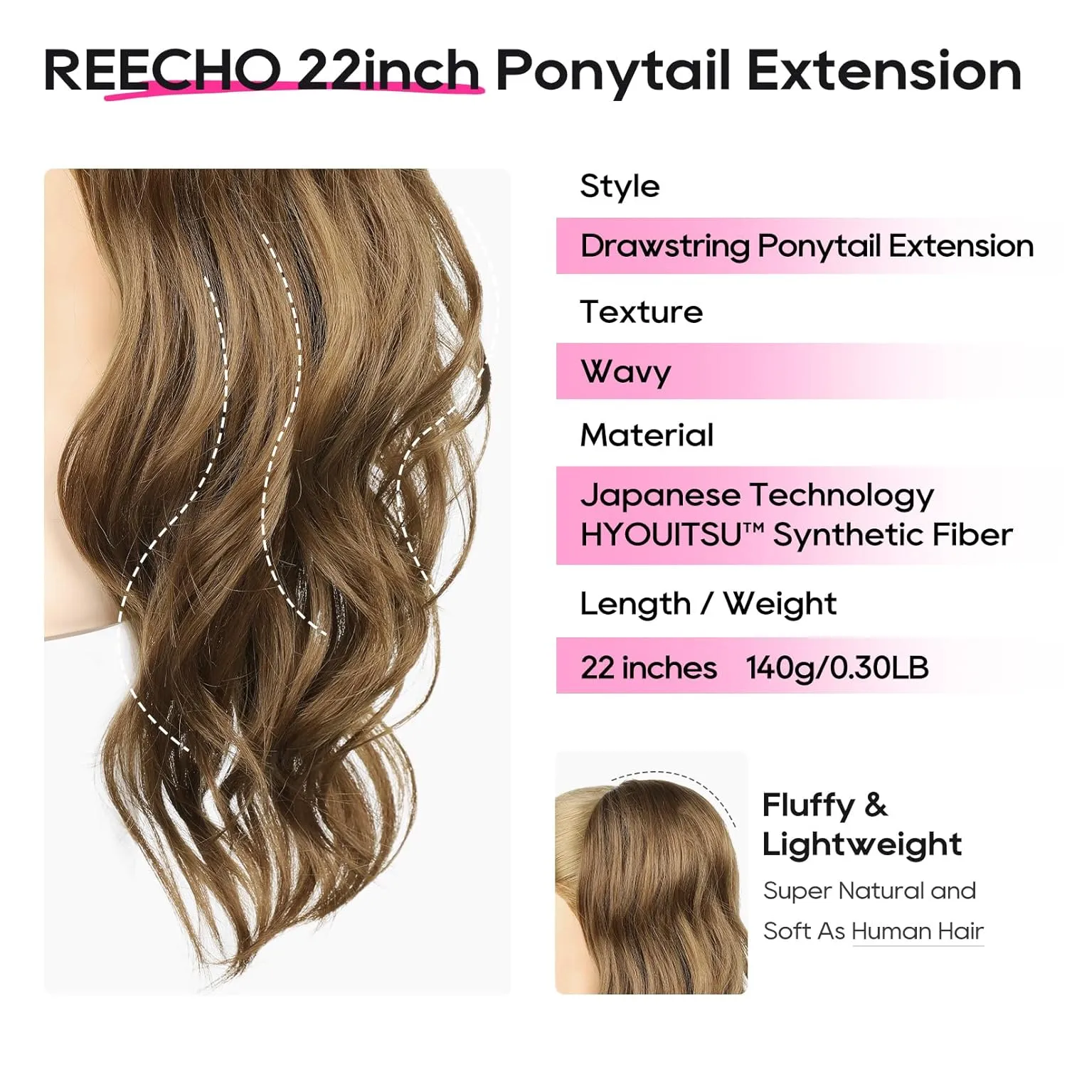 REECHO Ponytail Extension, Drawstring Ponytail Extension Long Wavy Layered Pony Tails Hair Extensions 22inch Natural Fake Ponytail Clip in Synthetic Hairpiece for Women, Chocolate Brown