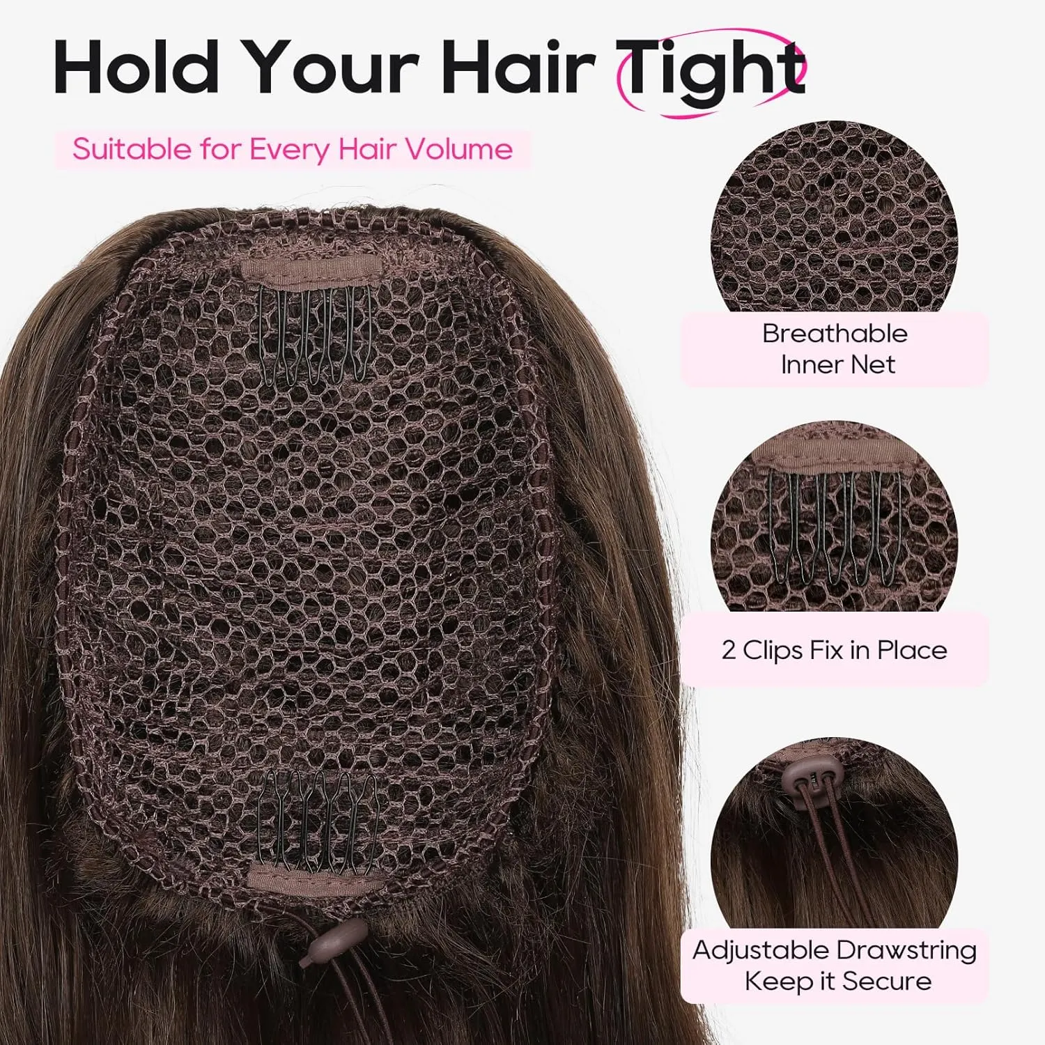 REECHO Ponytail Extension, Drawstring Ponytail Extension Long Wavy Layered Pony Tails Hair Extensions 22inch Natural Fake Ponytail Clip in Synthetic Hairpiece for Women, Chocolate Brown