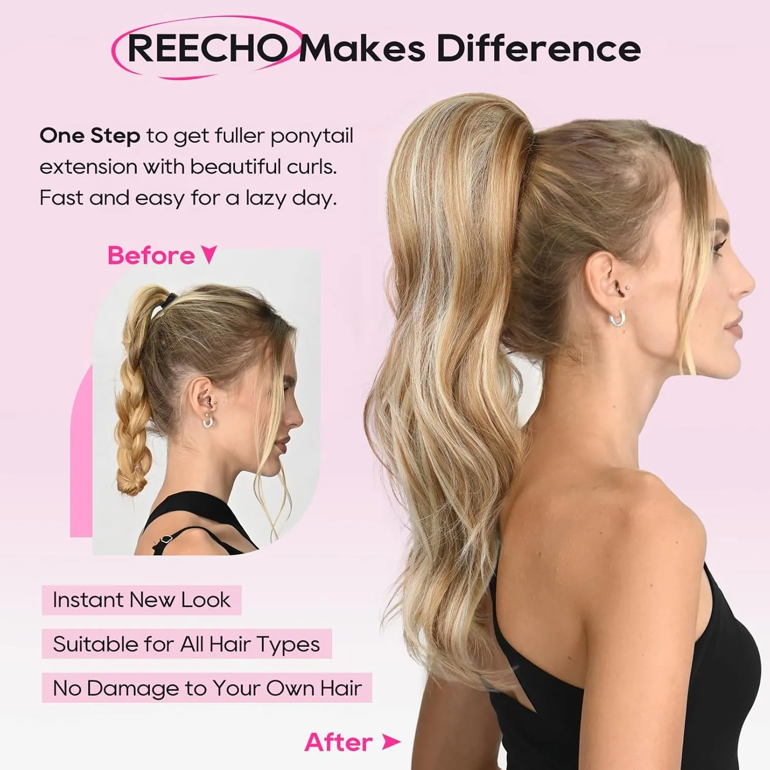 REECHO Ponytail Extension, Drawstring Ponytail Extension Long Wavy Layered Pony Tails Hair Extensions 22inch Natural Fake Ponytail Clip in Synthetic Hairpiece for Women, Chocolate Brown