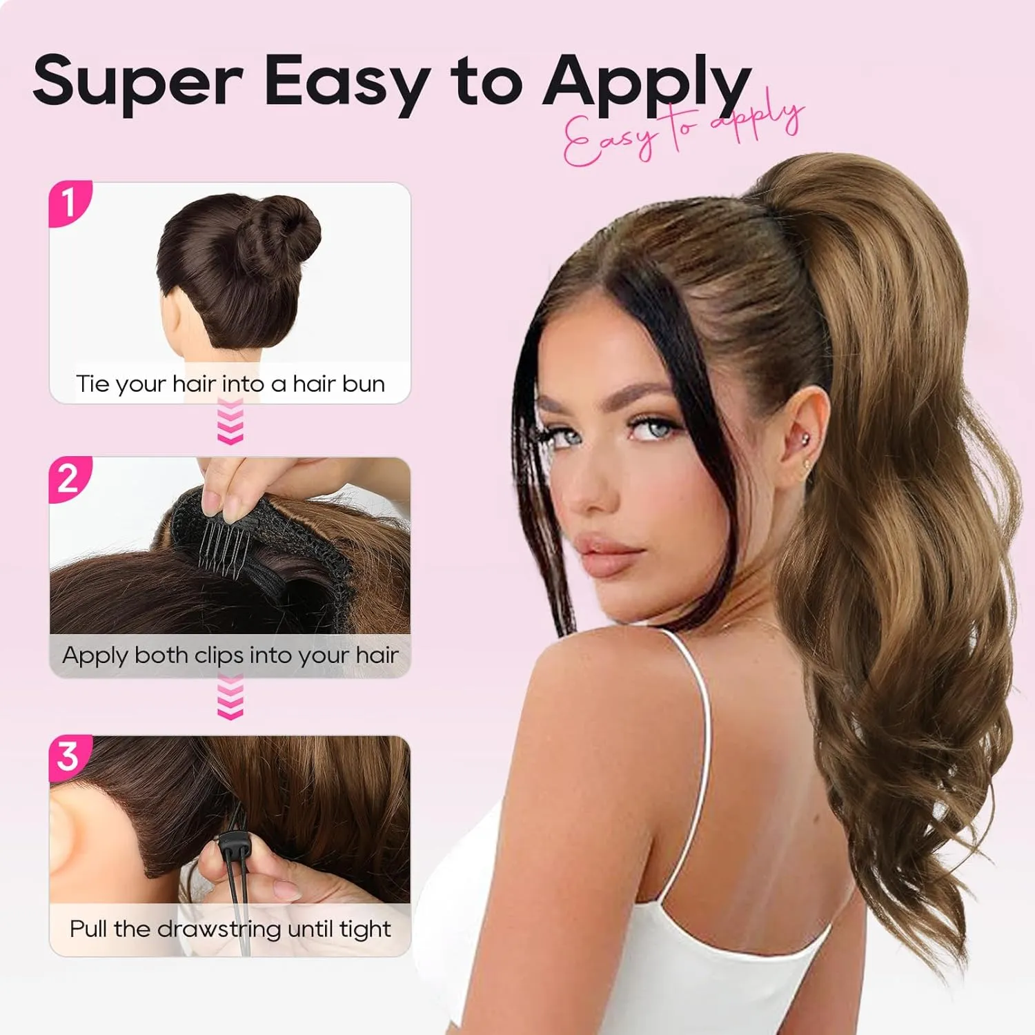 REECHO Ponytail Extension, Drawstring Ponytail Extension Long Wavy Layered Pony Tails Hair Extensions 22inch Natural Fake Ponytail Clip in Synthetic Hairpiece for Women, Chocolate Brown